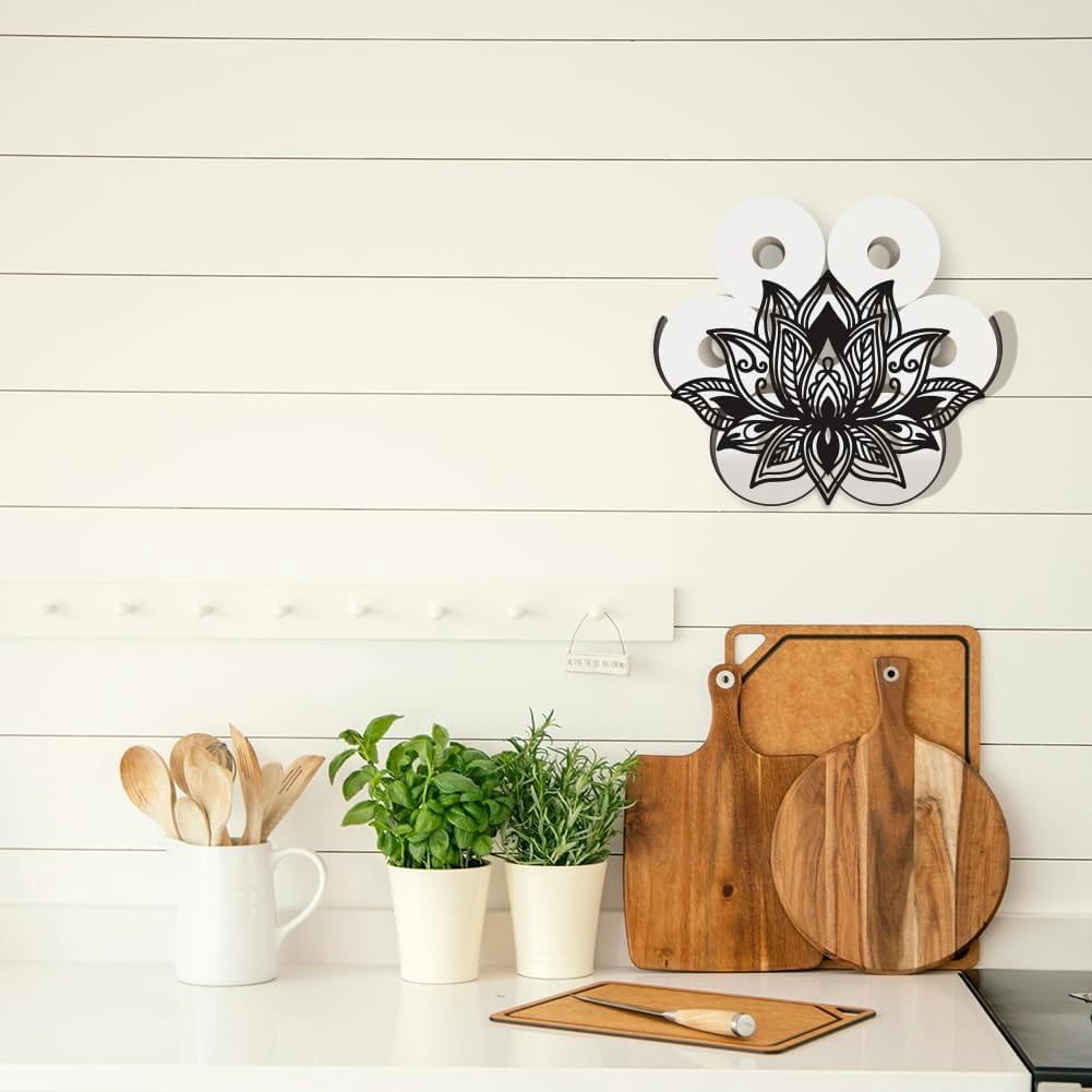 Lotus Flower Metal Toilet Paper Holder Bohe Mandala Decorative Toilet Paper Storage for Extra 8 Rolls Funny Freestanding Minimalist Decor Paper Roll Organizer for Farmhouse Bathroom Cabinet Black