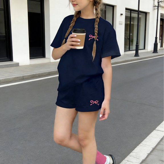 Dxzfnsa Girls 2 Piece Outfits Kids Lightweight Round Neck Short Sleeve T Shirts and Elastic Waist Shorts Summer Loose Solid Color Sets 3-14 Years