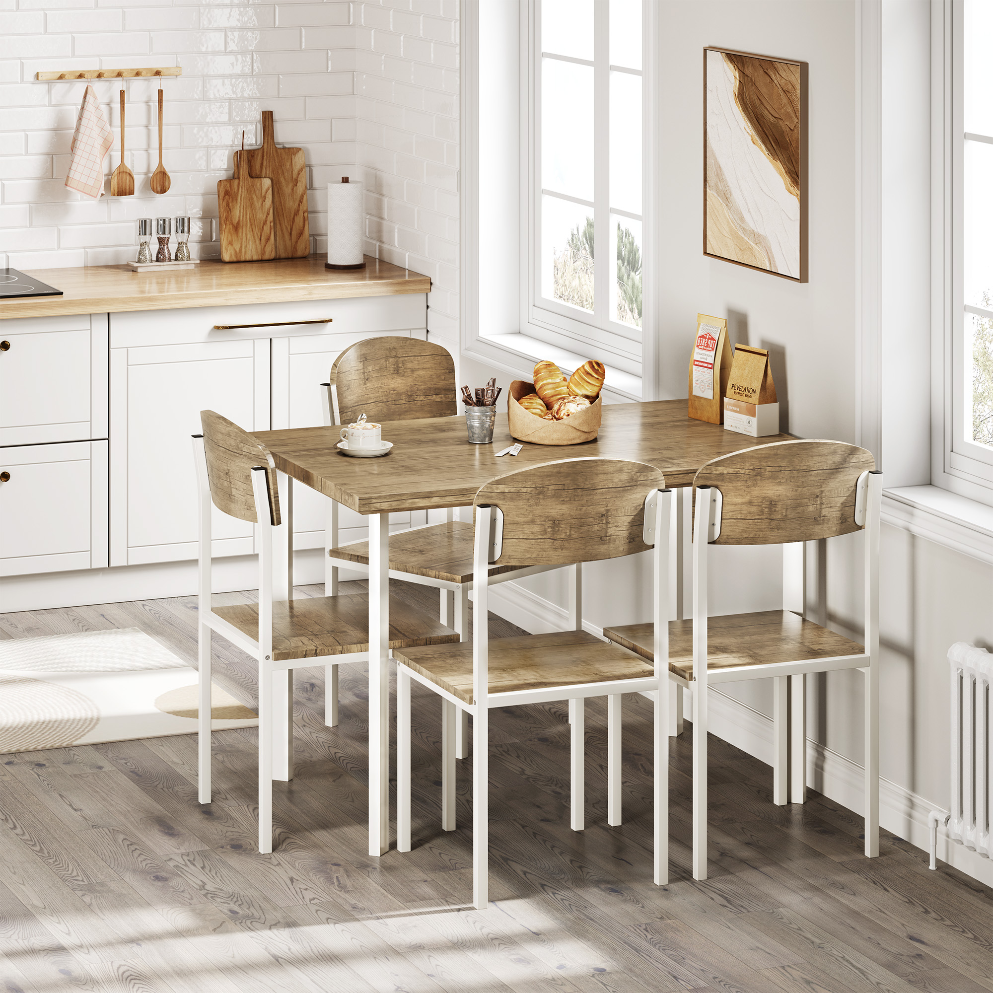 Dextrus 5 Piece Dining Set, Modern Wood Metal 42" Rectangular Table and 4 Chairs,Kitchen Breakfast Furniture-Brown
