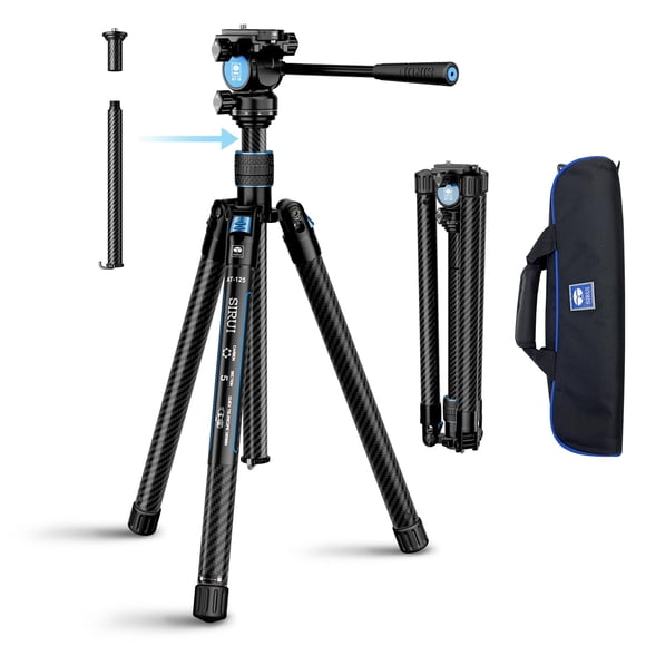 SIRUI Carbon Fiber Tripod Lightweight 2lbs with Panoramic Fluid Head, 59.8 Compact Camera Tripod Quick Release Leg Setup, Reversible Center Column, Reverse Folding Legs, Max Load 11lbs - Tra