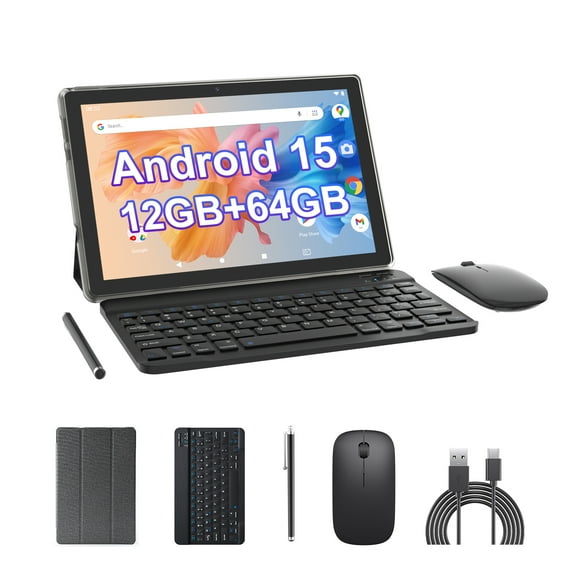 Android 15 Tablet, 10 inch 2 in 1 Tablets with Keyboard, 12GB RAM 64GB ROM 1TB Expand, Quad-Core 2.0Ghz CPU, 5G WiFi 6, BT5.0, 1280x800 HD Touchscreen, 6000mAh, Widevine L1, GMS Tablet, Black