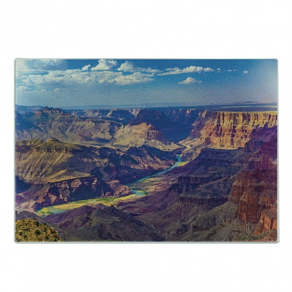 Canyon Cutting Board, Aerial View of Epic Grand Canyon Activity of River Stream over Rock Plateau Print, Decorative Tempered Glass Cutting and Serving Board, Small Size, Blue Tan, by Ambesonne