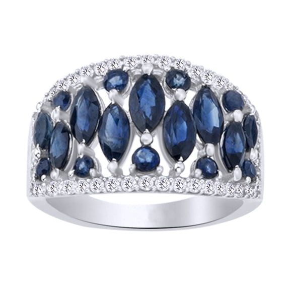 AFFY Marquise Cut Simulated Blue Sapphire,White Natural Diamond Band Ring In 10k White Gold (0.33 cttw) Ring Size-4
