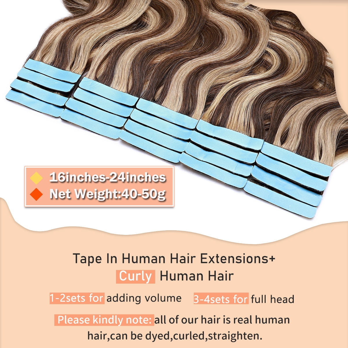SEGO Curly Tape in Hair Extensions 100% Real Remy Human Hair Long Silky Thick Hair Gold Hair Acessories Black/Blonde/Gray/White Hair