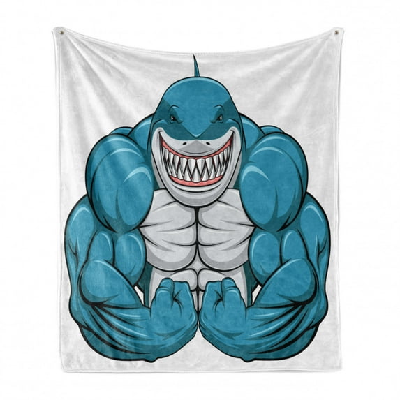 Fish Soft Flannel Fleece Throw Blanket, Smiling Toothy White Shark with Big Muscles on Arms Illustration Print, Cozy Plush for Indoor and Outdoor Use, 70" x 90", Pale Grey Petrol Blue, by Ambesonne