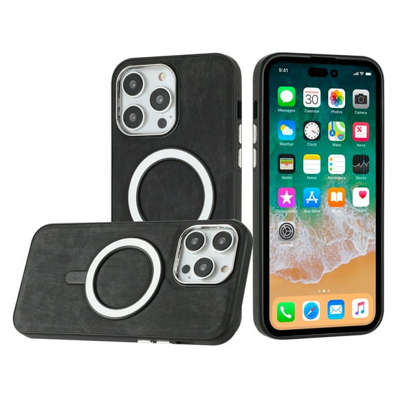 For Apple iPhone 11 (6.1") PU Vegan Leather Chrome Edged Hybrid Hard PC TPU Rubber Compatible with MagSafe Cover ,Xpm Phone Case [ Black ]