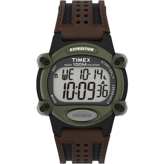 Timex Men's Expedition Digital CAT 39mm Watch – Green Case with Black & Brown Fabric & Leather Strap