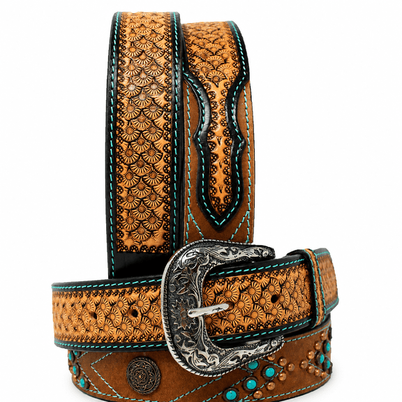 34 Western Antique Turquoise Stone Full-Grain Leather Belt 26FK78