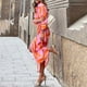 thumbnail image 4 of Women Plus Size Long Sleeve Printed Lapel Tie Shirt Wrap Dress Midi Dress(Orange and Pink M), 4 of 4