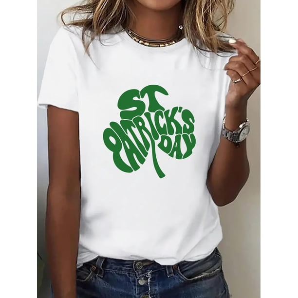 Camiseta deportiva de moda para mujer con estampado de letras verdes de la suerte, cómoda, de cuello redondo y manga corta. Camiseta deportiva del Día de San Patricio, camiseta conmemorativa del Día d