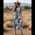thumbnail image 4 of Vestido Bohemio de Verano para Mujer, Holgado, con Escote en V, Corta, Estampado Floral, Abertura, para Invitadas A Bodas en la Playa. Azul S, 4 of 10