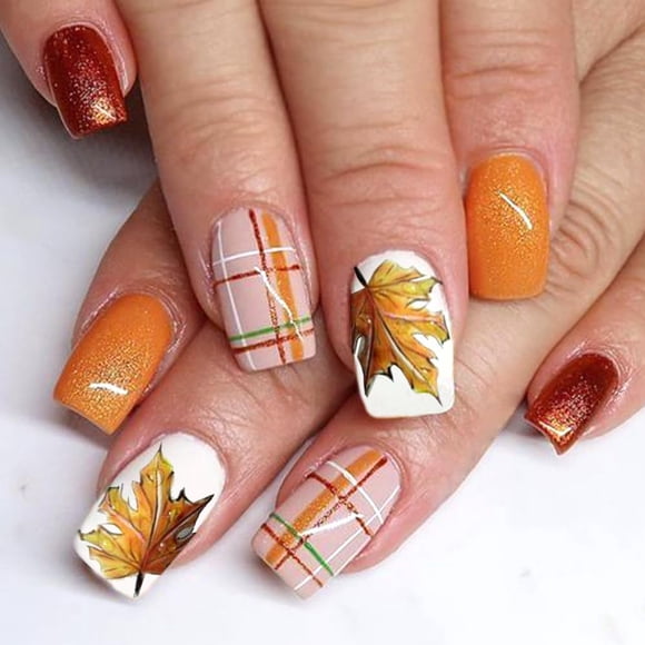 Uñas postizas BSBTBZ de otoño con hoja de arce, naranja y brillo