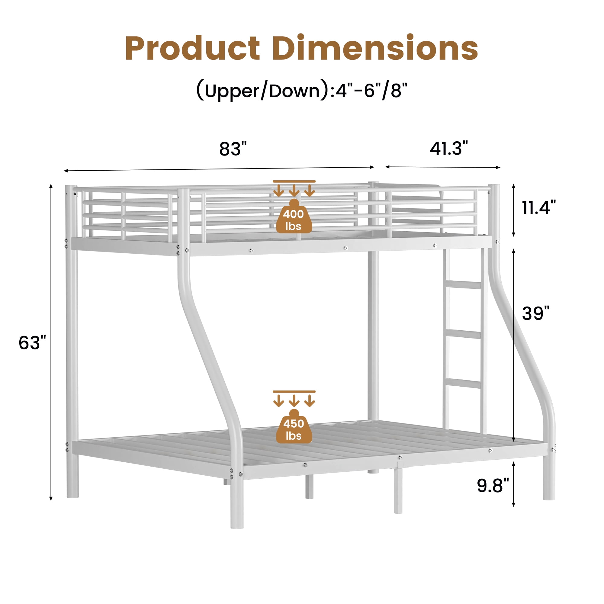White Twin Over Full Metal Bunk Bed Frame with Safety Guardrail & Ladder, Sturdy Steel Bed, Noise-Free, No Box Spring Needed for Bedroom Dorm
