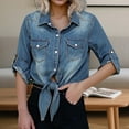 thumbnail image 2 of KHONTS Women's Roll up 3/4 Sleeve Tie Front Knot Shirt Chambray Denim Crop Top Dark Blue XL, 2 of 5