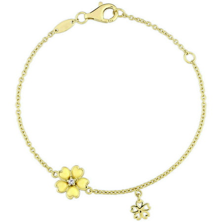 Cutie Pie White Topaz Accent Yellow Rhodium-Plated Sterling Silver Children's Flower Charm Bracelet with Yellow Enamel, 6 with 1 Extension