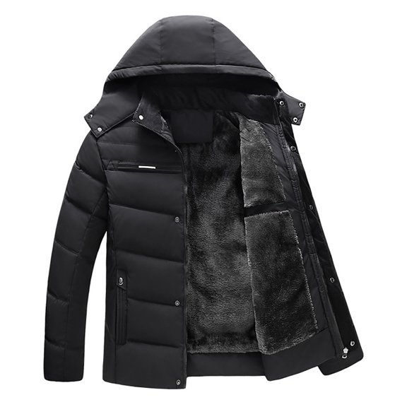 IYTR Mens Winter Jacket Solid Color Zipper Hooded Neck Long Sleeve Jacket Leisure Thickening Jacket with Pocket Black XXXXXL