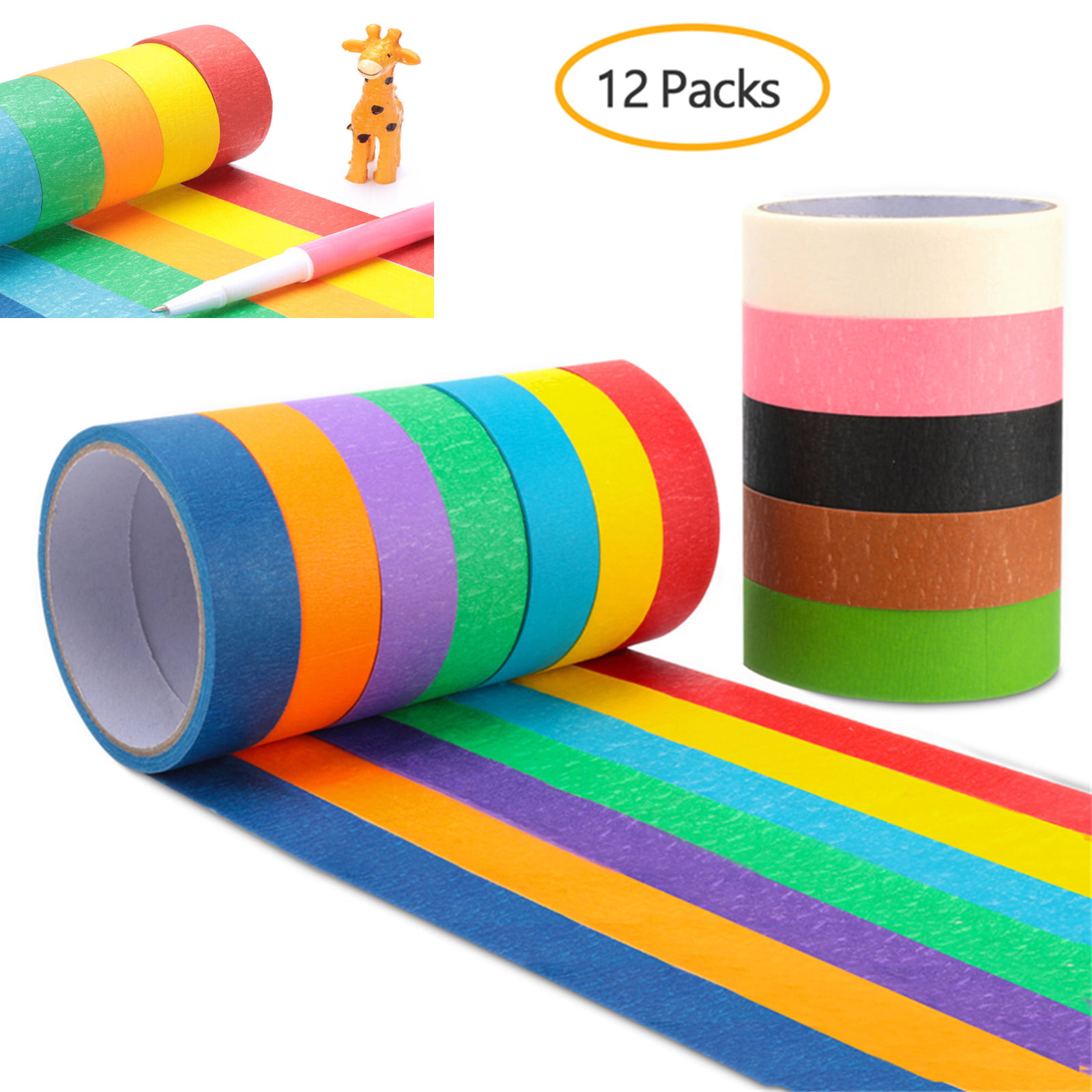 12 Rolls Colored Masking Tape Rainbow Art Colored Painters Tape Roll for  Kids & Adults DIY Craft 