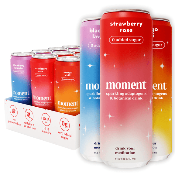 Moment Botanical Soda Soft Drink (Shark Tank) - SPARKLING Drinks | Fruity Fun | L-Theanine & Ashwagandha for Calm & Clarity | 0 Added Sugar 0 Caffeine | 12-pack