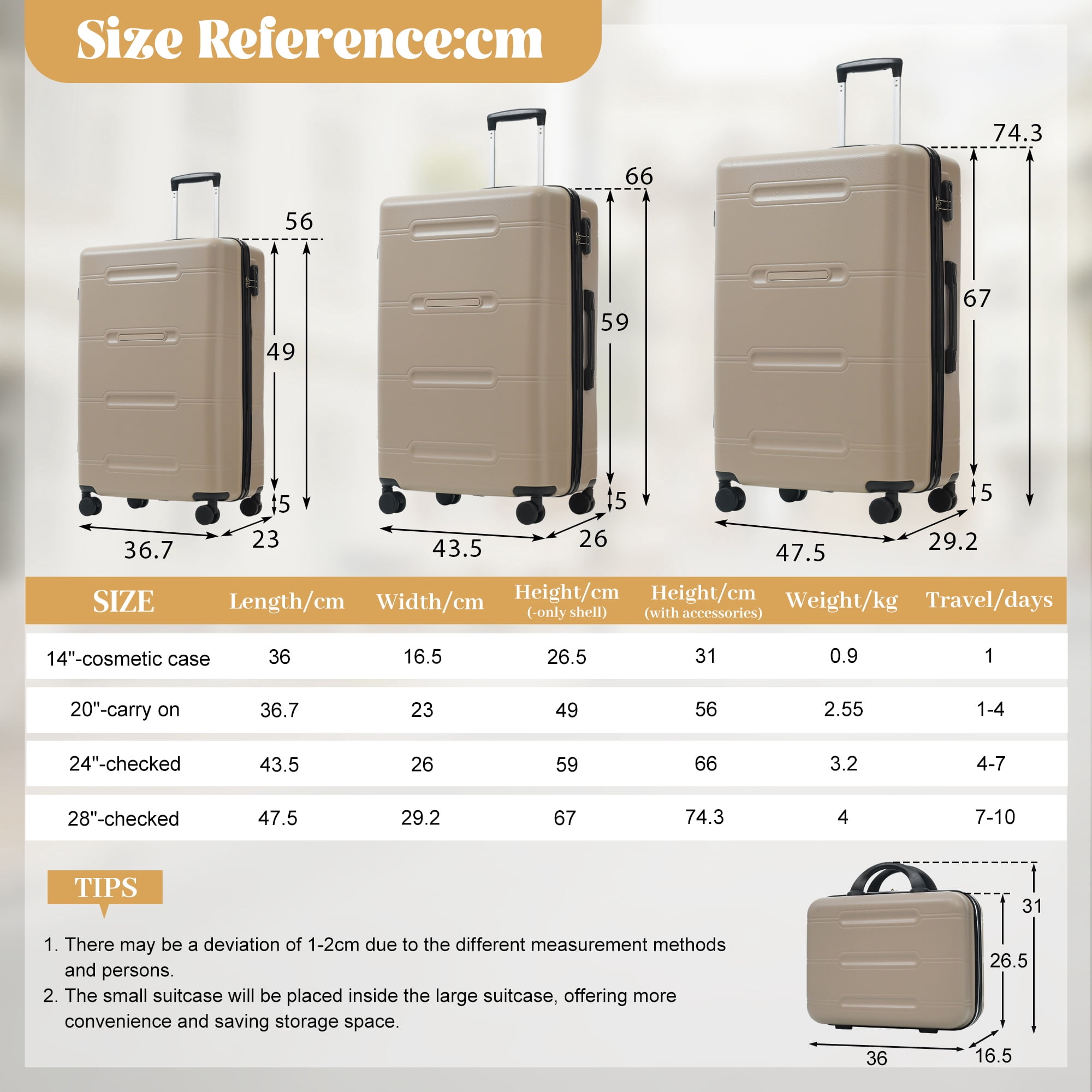 6 Piece Luggage Set,Lightweight Hardshell Suitcase with Double Spinner Wheels Handle Password Lock,14 IN Cosmetic Case 20/24/28 IN Luggages with Duffel Bag and Toiletry Bag