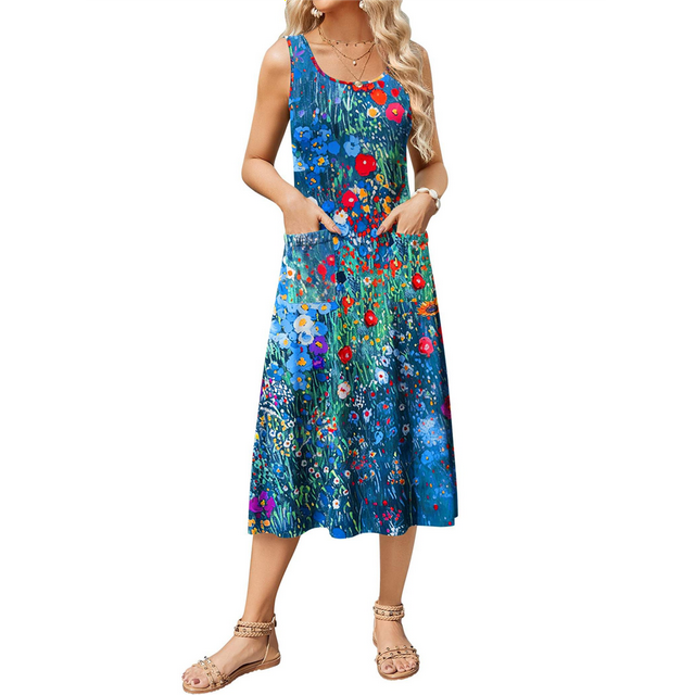 Robe Débardeur Midi d'Été Sans Manches à Fleurs pour Femme, Col Ras du Cou, Taille Haute, Ligne A, avec Poches, Fleurs Bleues et Rouges, TTG