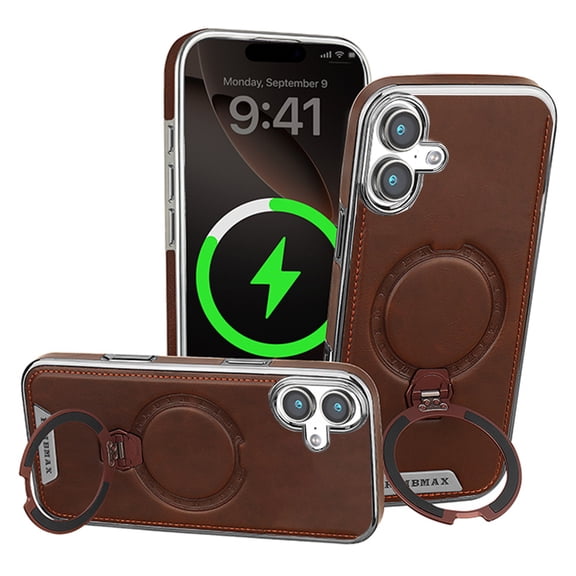 Magnetic for iPhone 17 Premium PU Leather Case,Invisible 360 Rotating Stand [Compatible with Magsafe] Slim Kickstand Shockproof Phone Cover For iPhone 17,Darkbrown