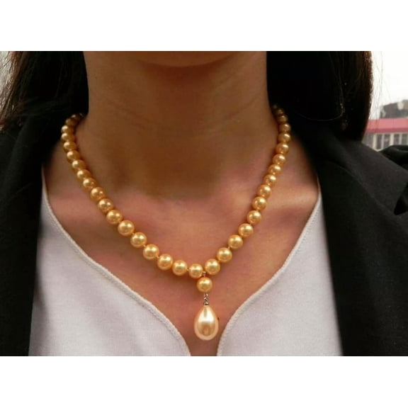 K-KED Genuine 8mm Yellow South Sea Shell Pearl Drop Pendant Necklace 18"