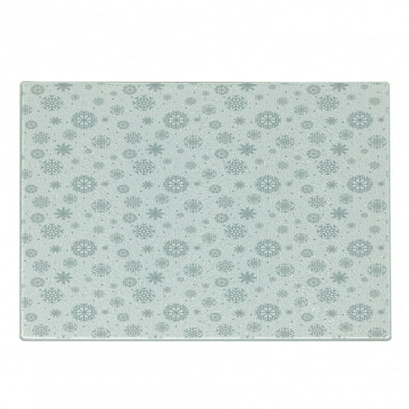 Snowflake Cutting Board, Doodle Style Symmetrical Motifs of Winter Season on a Dotted Background, Decorative Tempered Glass Cutting and Serving Board, Small Size, Pale Grey White, by Ambesonne