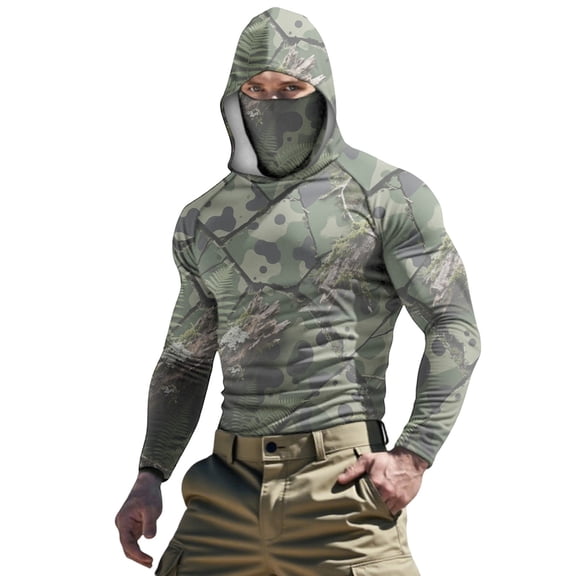 OGLCCG Men's Performance Fishing Hoodie Shirt UPF 50 Sun Protection Long Sleeve Pullover Shirts with Mask Camouflage Printed Cooling Hoodies