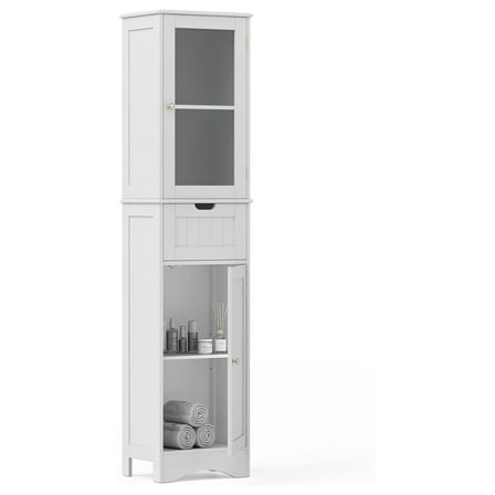 67" Tall Bathroom Storage Cabinet - Modern Linen Tower w/ Adjustable Shelves & Frosted Glass Door - Slim Floor Cabinet for Bathroom, Living Room - White