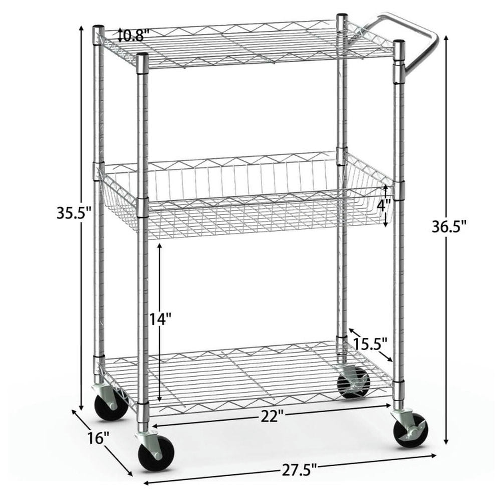 Finihen Rolling Cart, Kitchen Island Cart, 3-Tier Rolling Utility Cart with Handle Bar and Adjustable Shelves, for Kitchen, Dining Room, Silver Finihen Rolling Cart, Kitchen Island Cart, 3-Tier Rolling Utility Cart with Handle Bar and Adjustable Shelves, for Kitchen, Dining Room, Silver