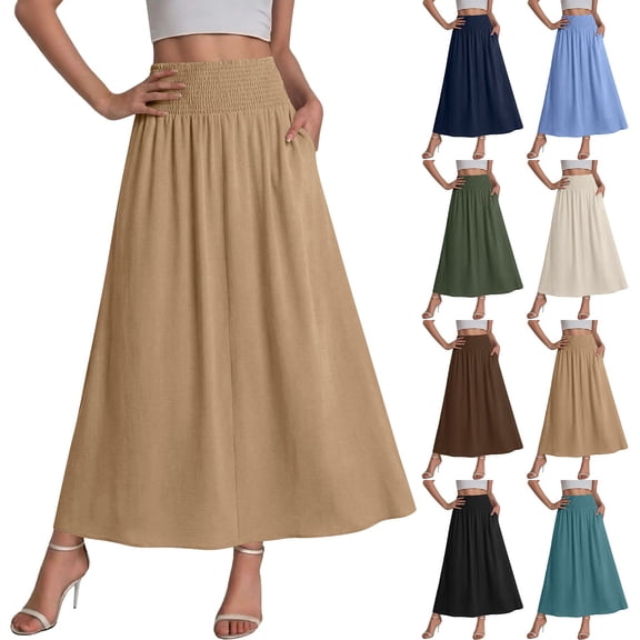 SROBPTY Skirts for Women Summer Solid Elastic Waist High Waist Midi A Line for Casual Wear