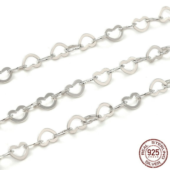 Anti-Tarnish Rhodium Plated 925 Sterling Silver Heart Link Chains Soldered Platinum 3x4x0.5mm