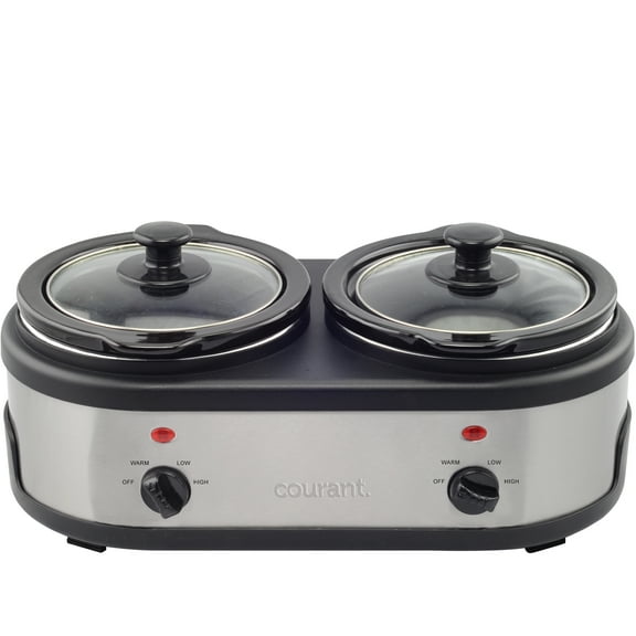 Courant 3.2-Quart Double Slow Cooker(1.6-Qt each) w/ Warm Settings, Stainproof Stoneware Pots and Glass Lids – Stainless Steel