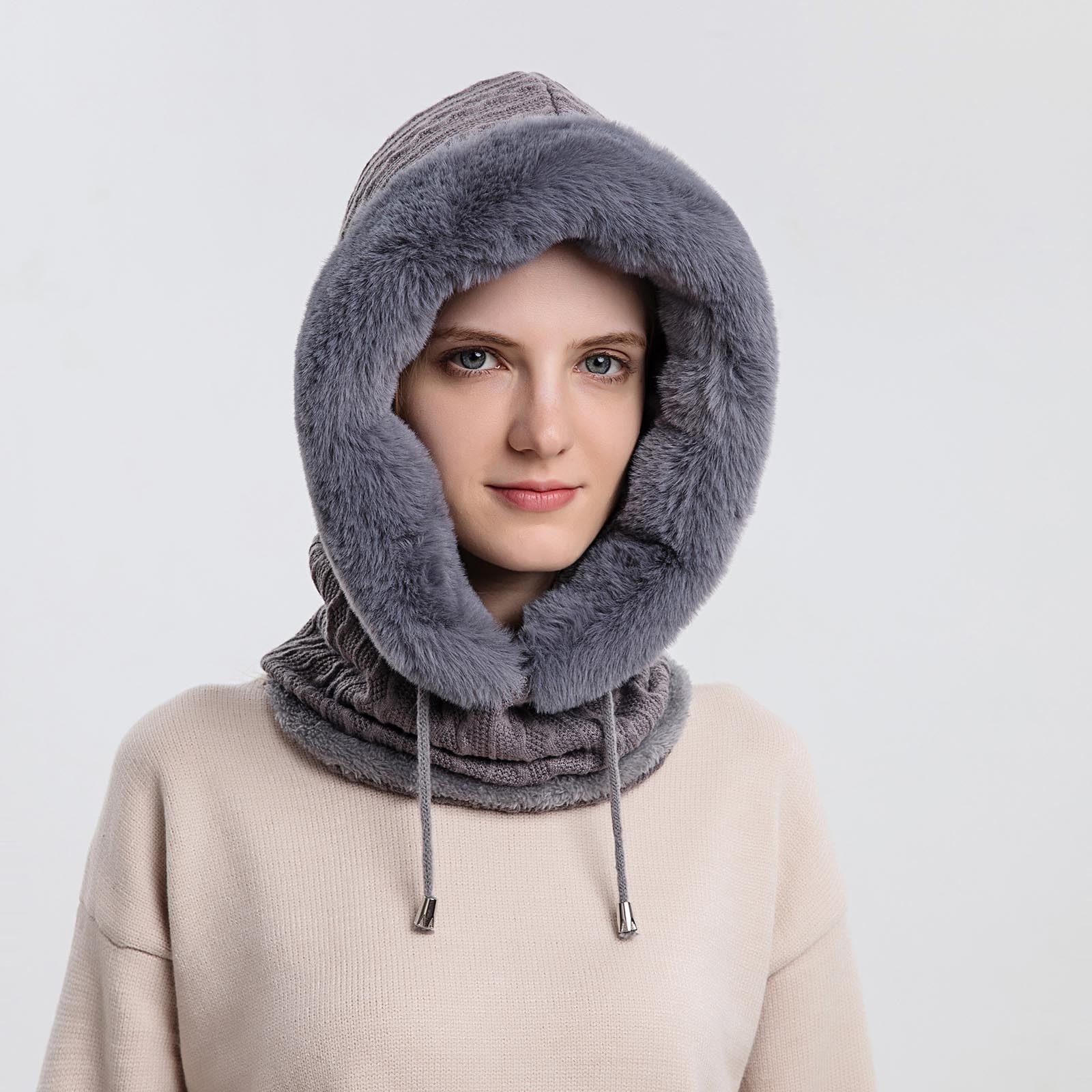 qolati Trapper Hat for Women Men with Mask Ear Flaps Knitted Windproof Winter Bomber Hats Cold Weather Warm Winter Faux Fur Hunting Balaclava Ski Hats