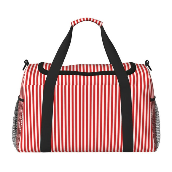 Fotbe Red And White Stripes Bolsa de Viaje con Estampado, Bolsa de Fin de Semana para Mujer con Compartimento para Zapatos, Bolsa de Gimnasio con Bolsillo Húmedo