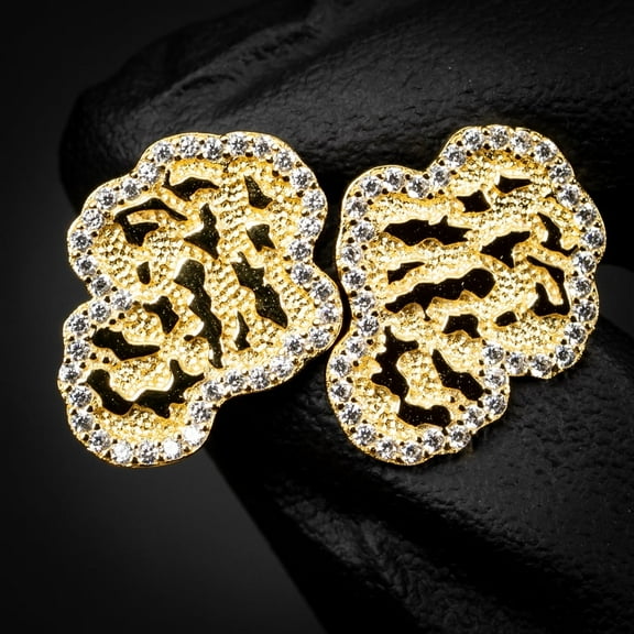 Men's Solid 14K Yellow Gold Plated 925 Sterling Silver Screw Back Post Diamond Cut Stud Cubic Zirconia Retro 90's Hip Hop Iced Cz Solid Nugget Earrings For Men