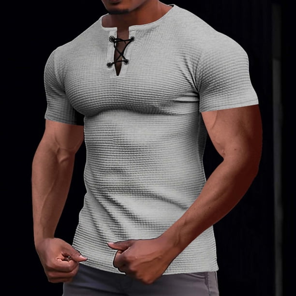 pstuiky camisetas de hombre, Camiseta vintage de manga corta con cordones y solapa para hombre, estilo patchwork, blusa de manga corta con cuello alto camisas casuales para hombre l