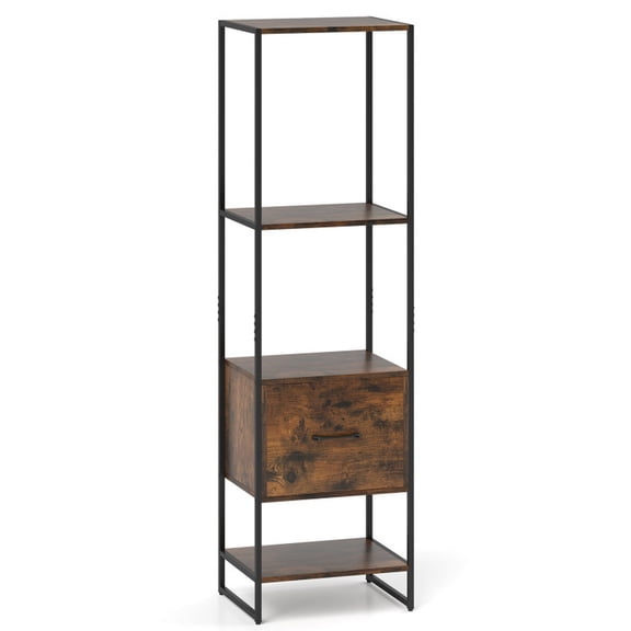 Furnibear 5-Tier Narrow Bookcase with 4 Open Shelves and Storage Drawer Rustic Brown, 18" x 14" x 62.5"