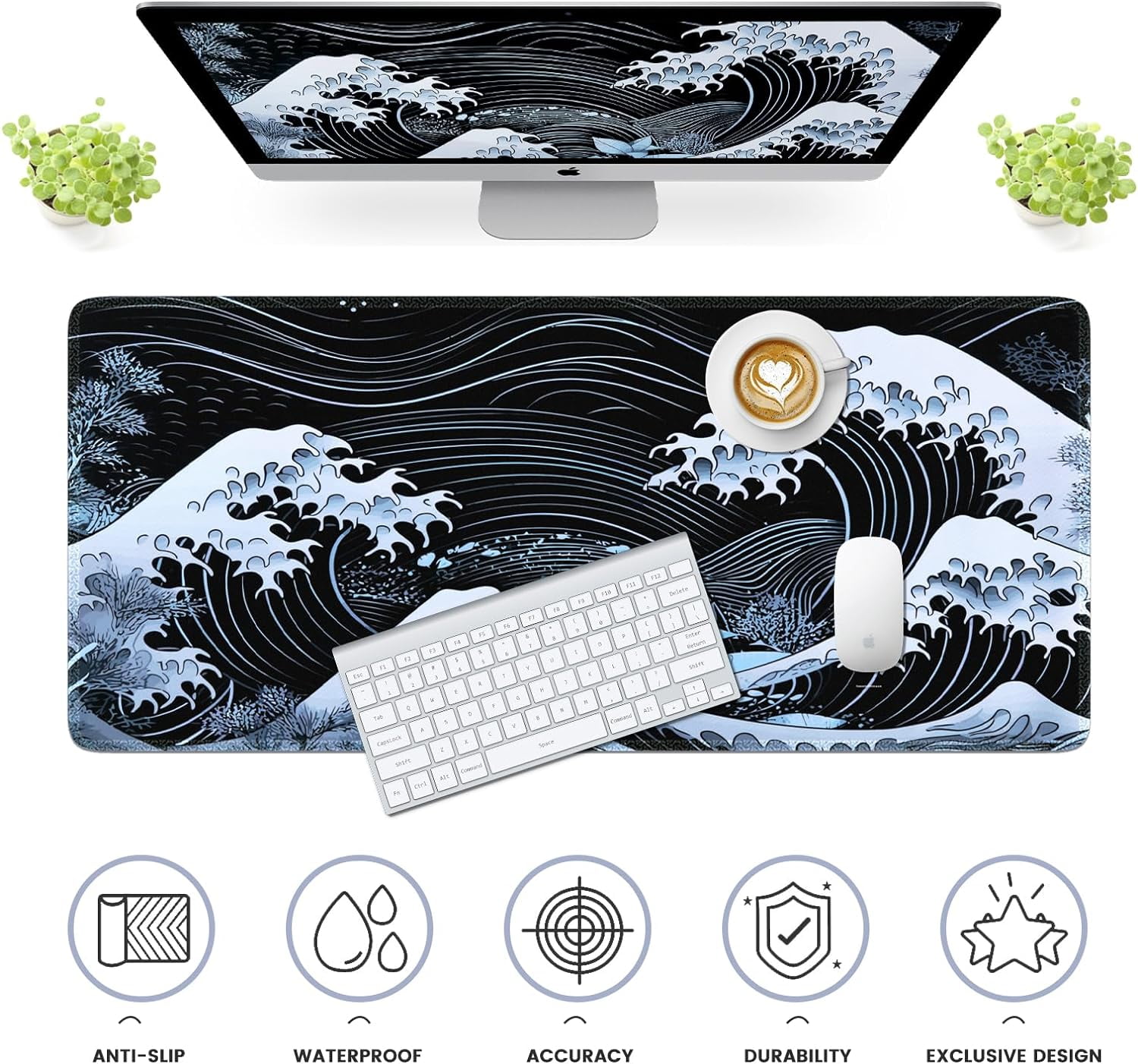 Japanese Sea Wave Large Mouse Pad, Gaming Mouse Pad, Extended Kanagawa Desk Pad, 35.4x15.75in XXL Mouse Pad with Non-Slip Rubber Base, Anime Mice Pad Desk Mat, Ghostly Black
