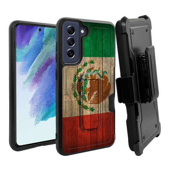 ANJ  Rugged Dual Layer Hybrid Holster Kickstand Case w/ Card Slot   Tempered Glass Cover for Samsung Galaxy S21 FE 5G - Mexican Flag