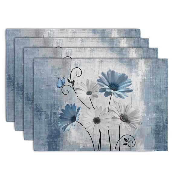 Placemats Set of 4 Blue Grey Rustic Vintage Floral Table Place Mats 12x18 Inch, for dining table, kitchen, party, indoor, holiday, dinner parties and home decor (table mats)