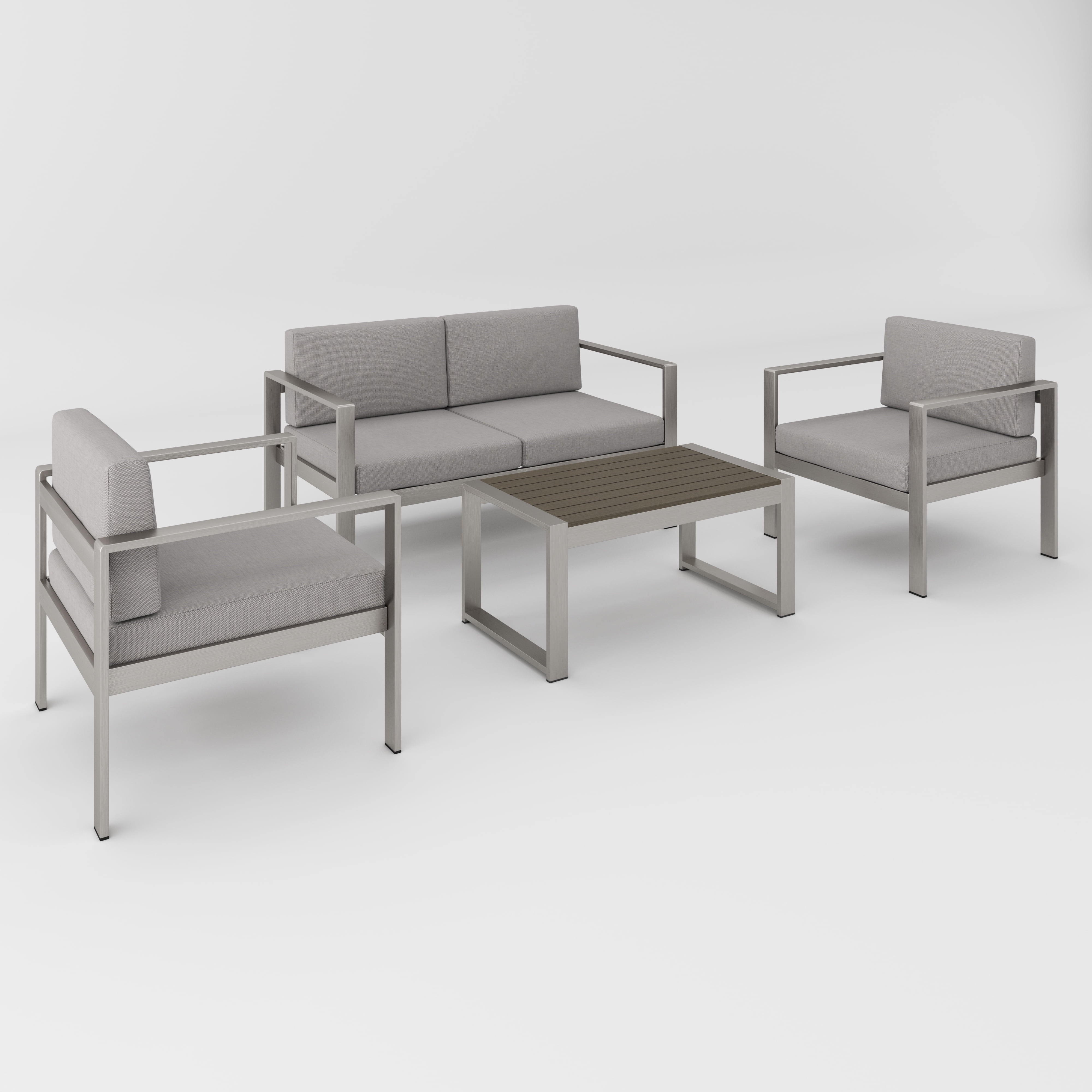 PORKISS Outdoor Patio Furniture Set, Modern 4 Piece Conversation Set with Table and Seats, Aluminum Sectional Sofa Sate Group for Garden, Gray/Silver