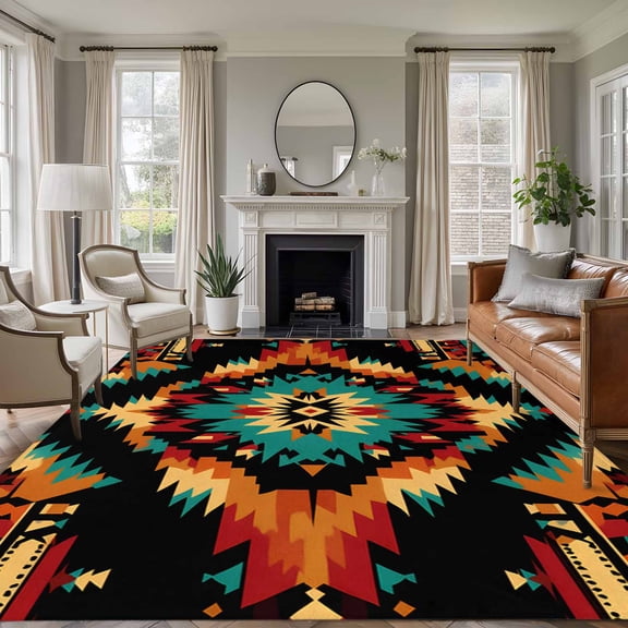 8'x10' Area Rugs, Boho Orange Teal Indoor Outdoor Area Rug for Living Room Bedroom, Geometric Vintage Southwestern Ethnic Washable Bathroom Rugs Kitchen Floor Carpet Mats Home Decor Aesthetic