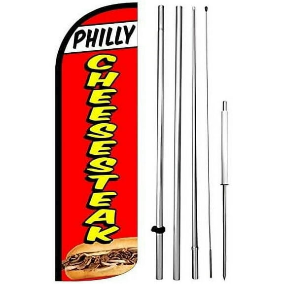 4Lessco PHILLY CHEESESTEAK - Windless Swooper Flag Feather Banner Sign 15 Ft Tall Kit Rq-H