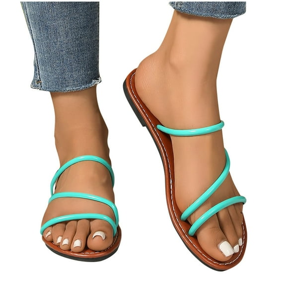 abtuhar Sandals Women,Womens Sandals,New Solid Color Flat Open Toe Round Head Light Slip-On Beach Sandals Green