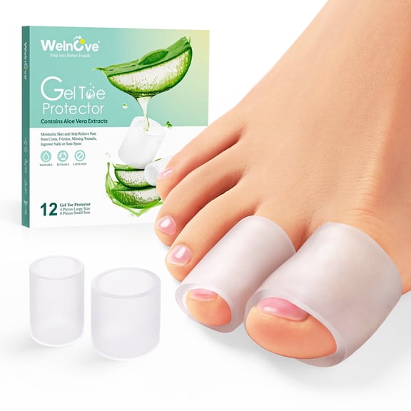 Welnove toe protector – 12 pack of aloe extract infused silicone toe cap cap, suitable for hammer toes, corn, calluses, blisters – soft gel protective toe pad for pain relief (various sizes)
