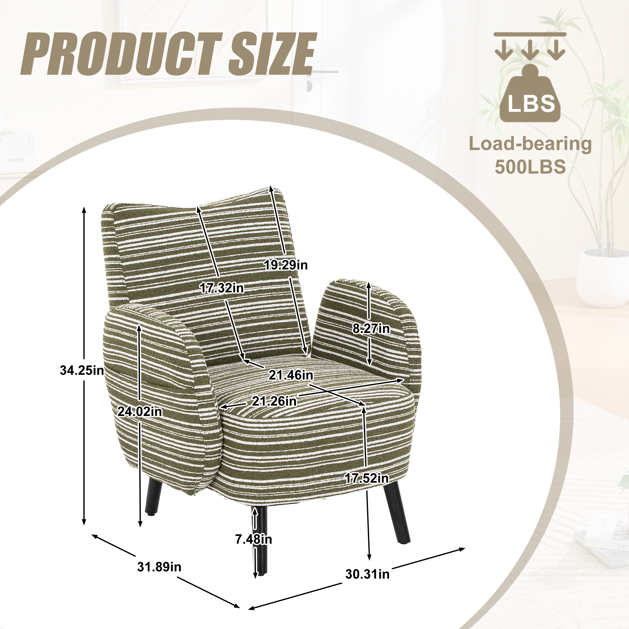 Leumius Accent Chair with Side Storage Pocket and Solid Wood Legs, Comfortable Reading Chair with Sanded Fabric for Living Room Bedroom Office Olive Green
