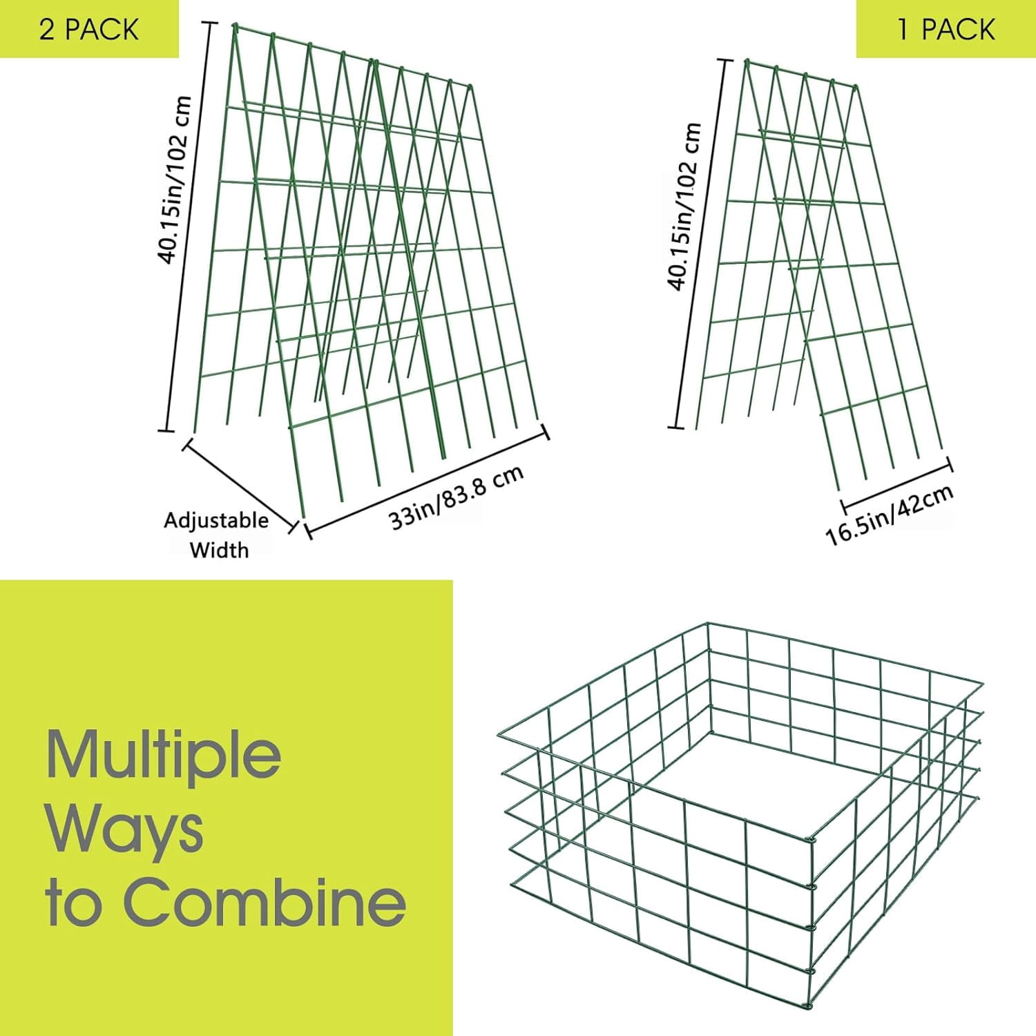 Cucumber Trellis for Raised Bed,  16.5 x 40 Inch Metal Trellis for Climbing Plants Outdoor with Plant Clips Twist Ties, Garden Plant A-Frame Trellis for Vegetable Pea Tomato (Green, 2 PCS)