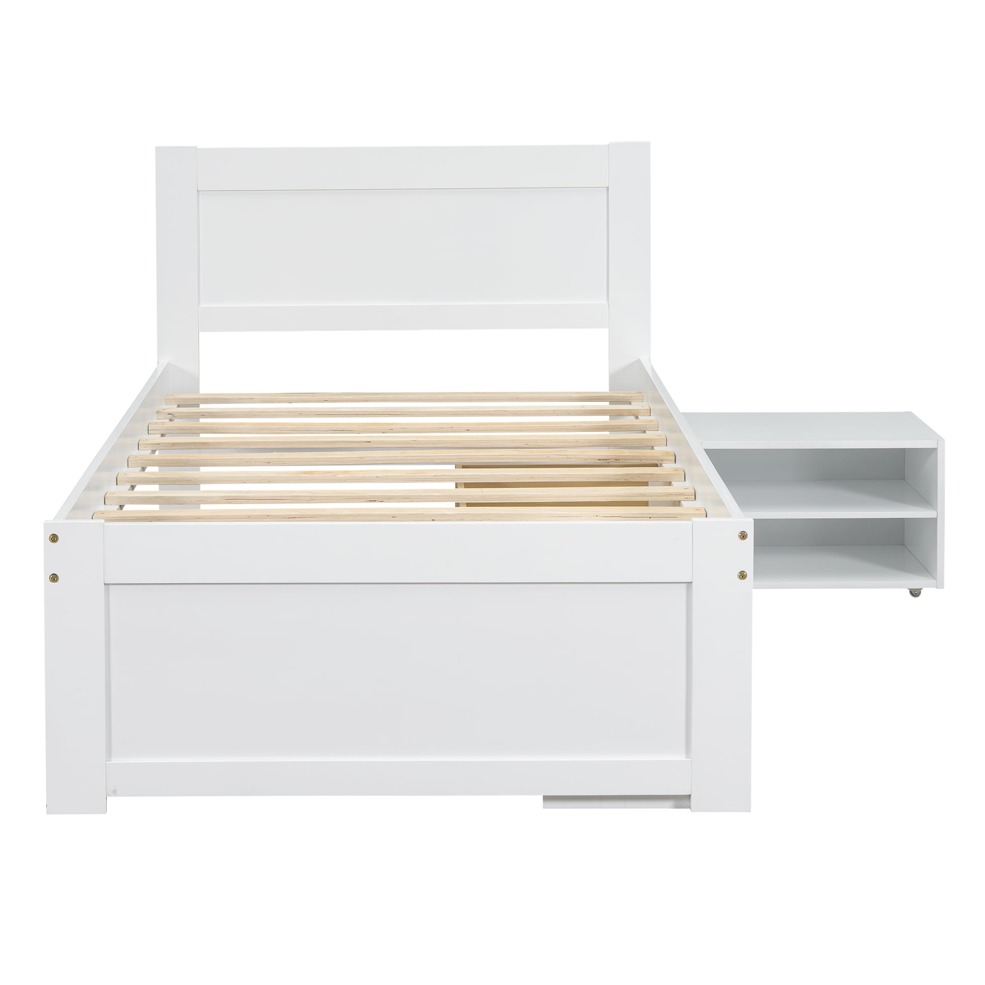 Yoneston Twin Platform Bed with Wheeled Drawer and Two Shelves, Kids Extra Easy-access Large Storage Space Bed Frame, White