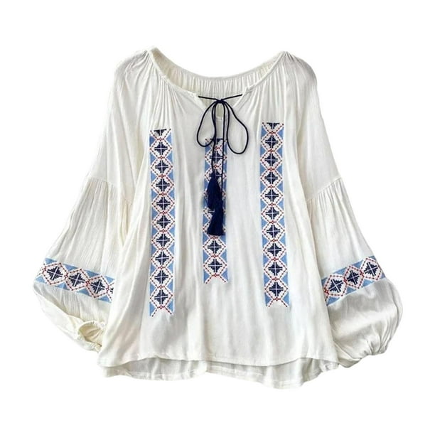 Blusa bordada para mujer, ropa elegante, cuello redondo, informal, manga larga Blanco